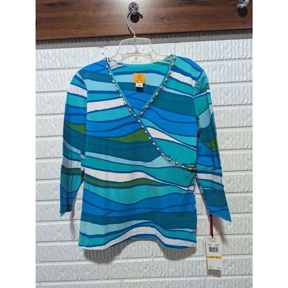 Ruby Rd. Women's Blue & Silver Abstract Pattern Trim 3/4 Sleeve Blouse Size S NW - Picture 5 of 7